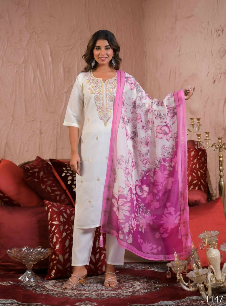 Ethnic Festive Wear Viscose Chanderi Off White Stitched Suit With Dupatta - Tanisha