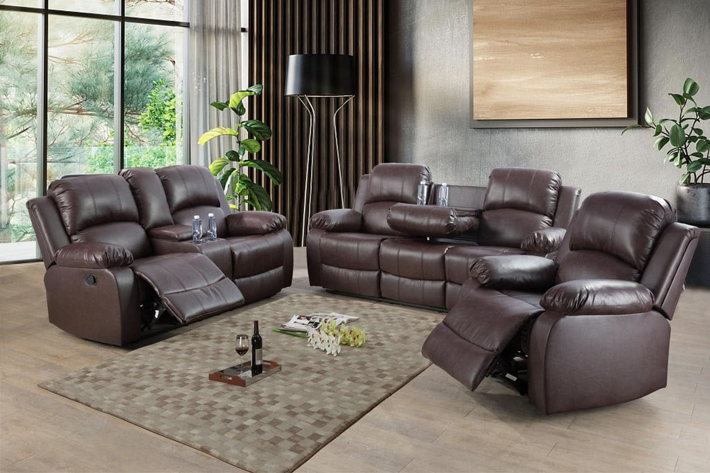 Brown Faux Leather Reclining Living Room Set Sofa Loveseat Chair