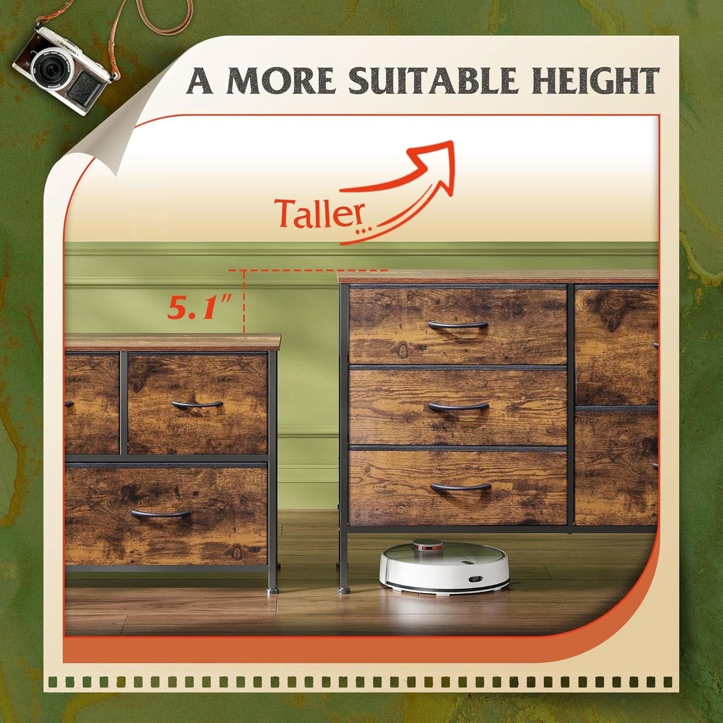 Rustic Brown Wood Grain 5 Drawer Dresser For Bedroom