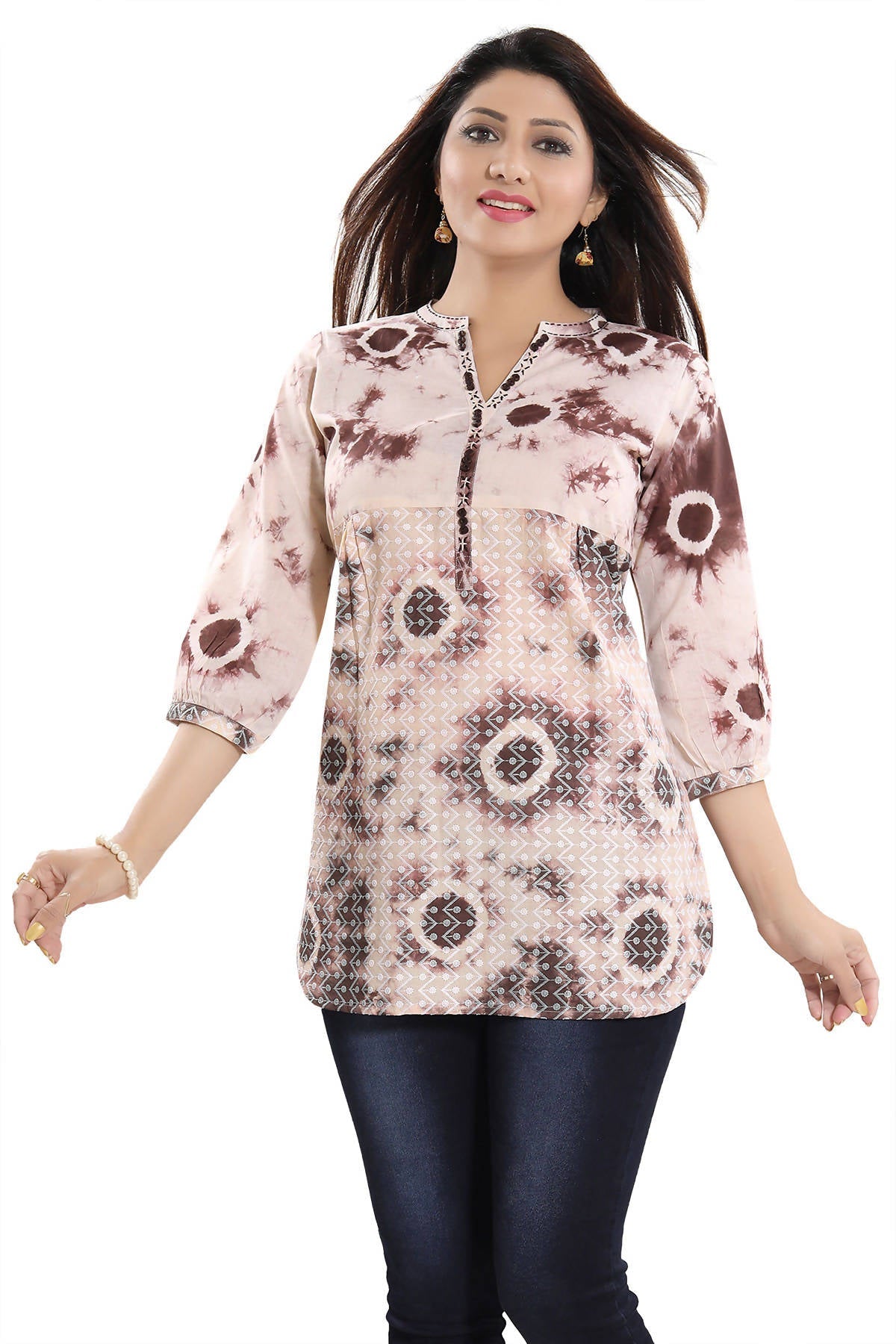 Snehal Creations Bold Beige Cotton Chikan Short Kurti Top With Batik Printing