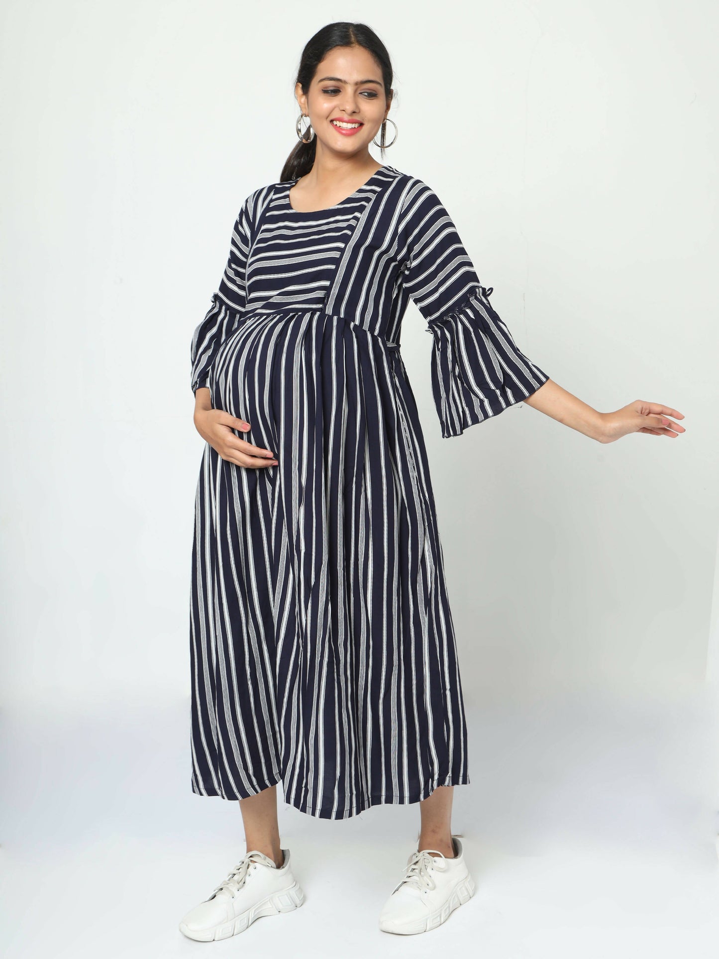 Manet Three Fourth Maternity Dress With Concealed Zipper Nursing Access - Navy Blue