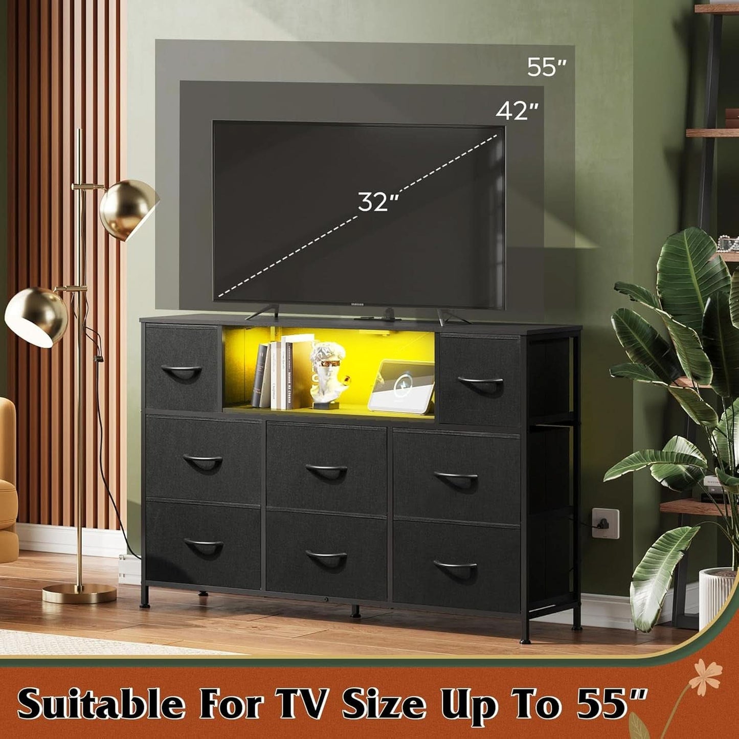 Black Fabric Dresser With Charging Station And LED Lights