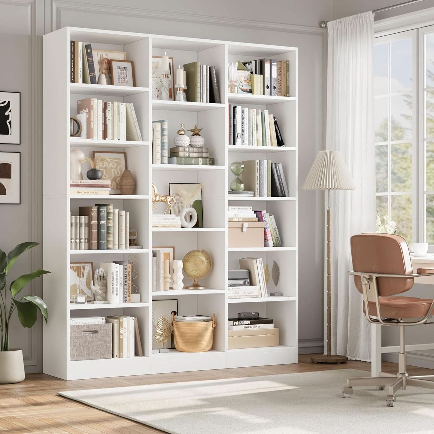 Triple Wide White Bookshelf 6 Tier 74 Inch Tall Unit
