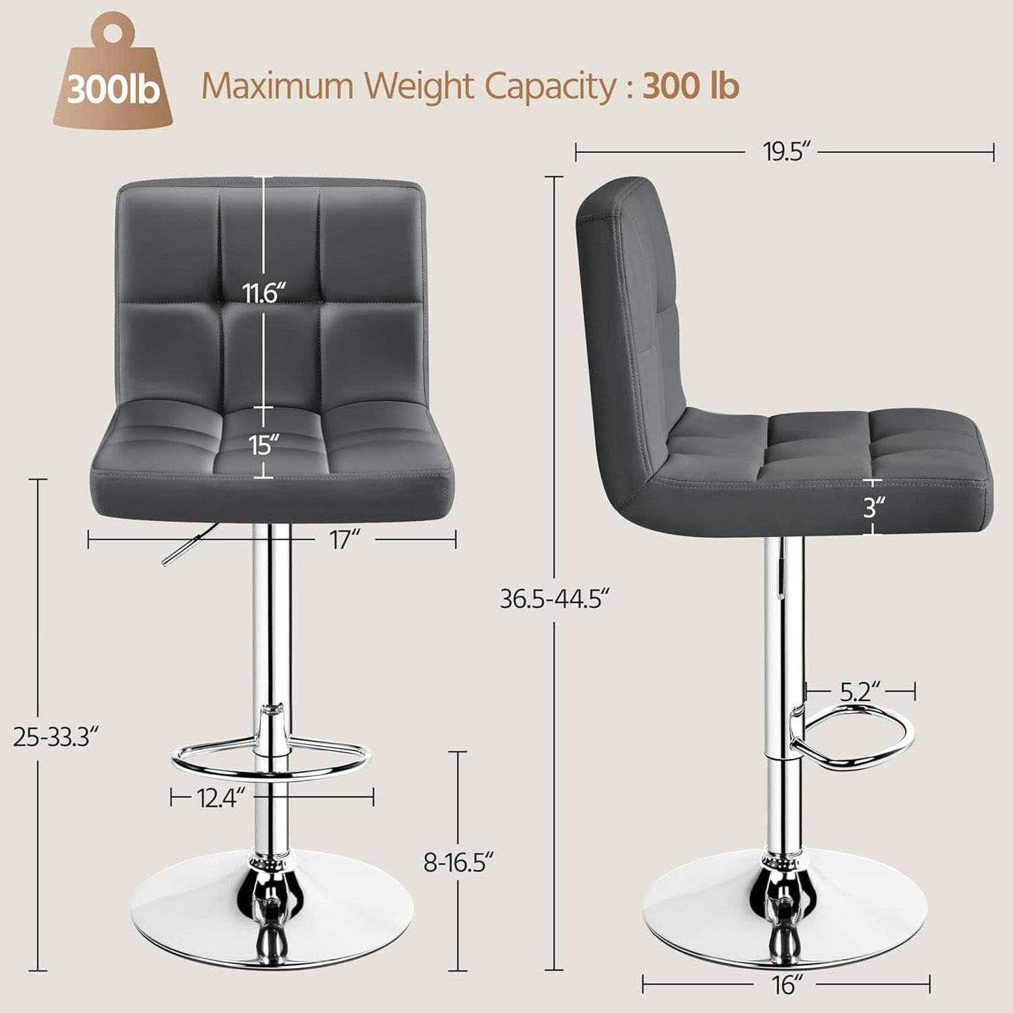 Bar Stools Set of 2, PU Leather Swivel Backrest, Gray