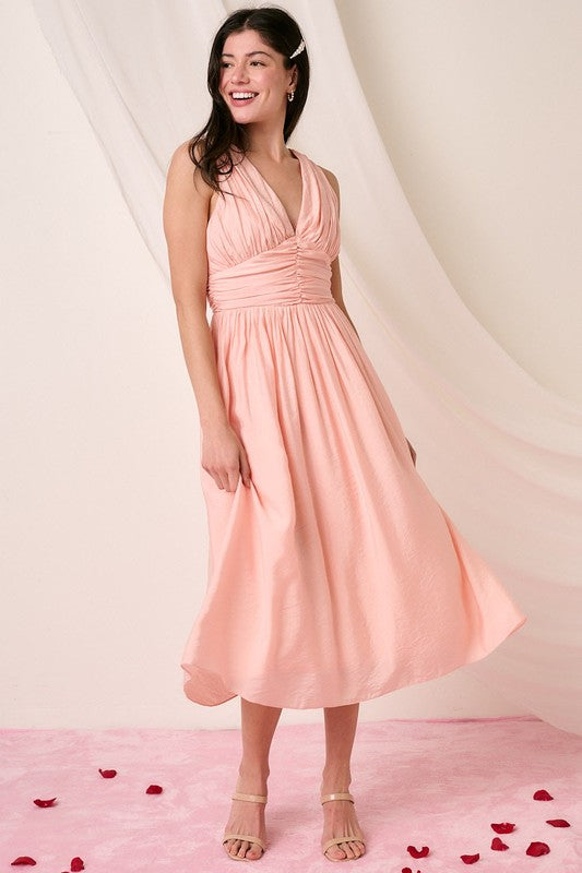 Ruched V-Neck Sleeveless Midi Dress For Women – Elegant and Chic Dress with Flattering Ruched Detailing and Sophisticated V-Neck