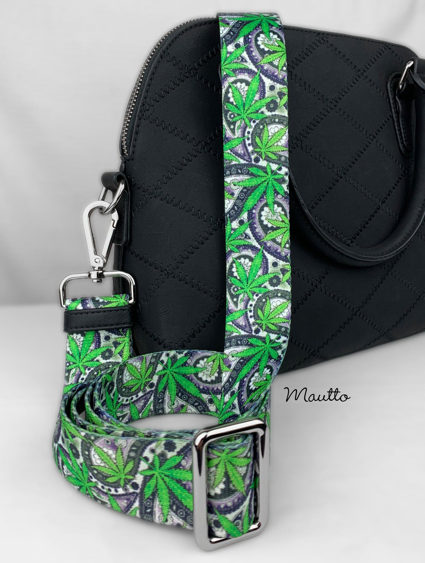 Cannabis / Hemp Leaf Design Strap - 1.5" Wide Nylon - Adjustable Shoulder to Crossbody Length - Choose Connector Style & Finish
