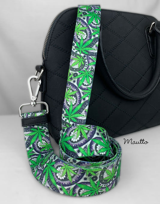 Cannabis / Hemp Leaf Design Strap - 1.5" Wide Nylon - Adjustable Shoulder to Crossbody Length - Choose Connector Style & Finish