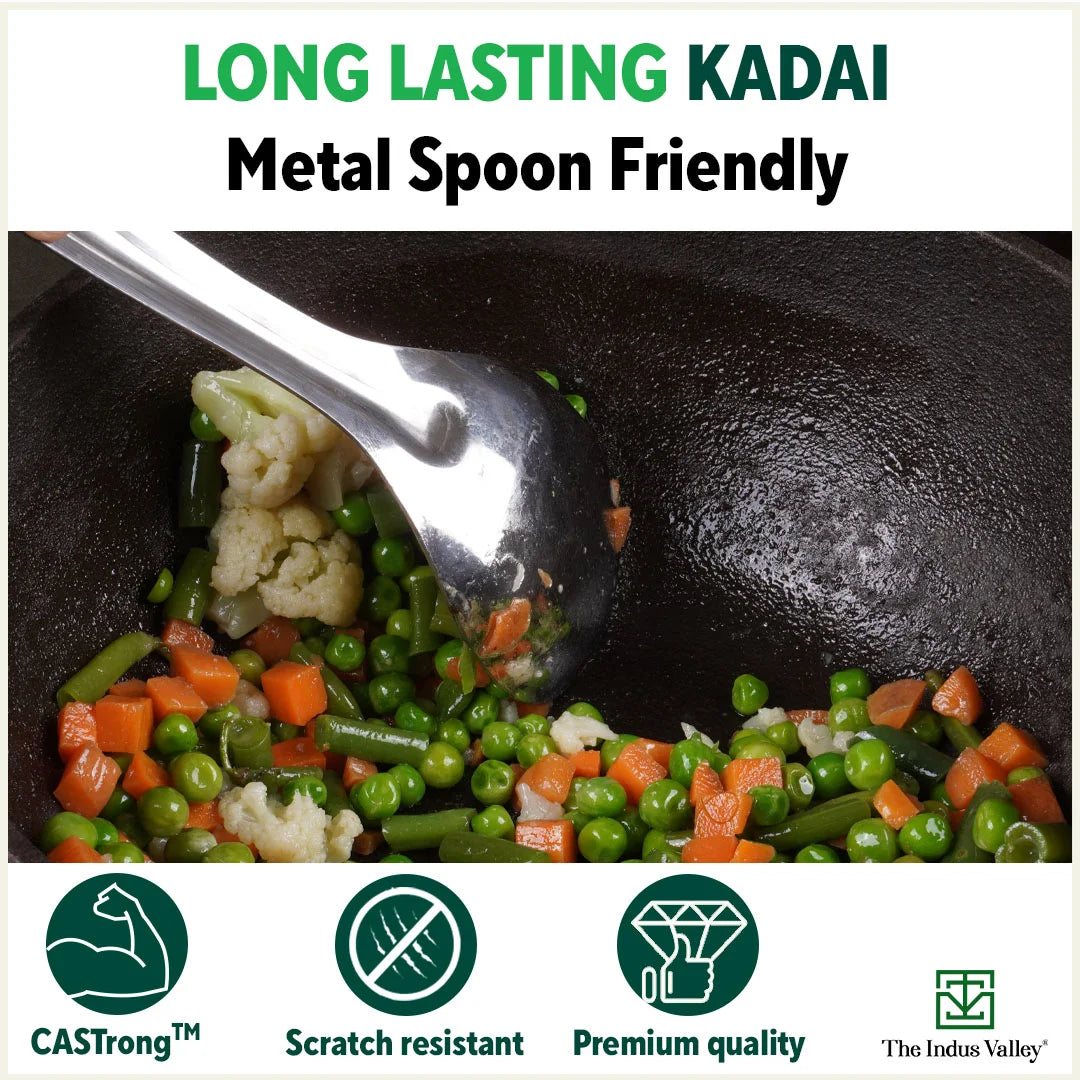 The Indus Valley Super Smooth Cast Iron Kadai,Pre-seasoned, Nonstick, 100% Pure, Toxin-free, Spatula, 25.4cm, 2.5L, 2.4kg