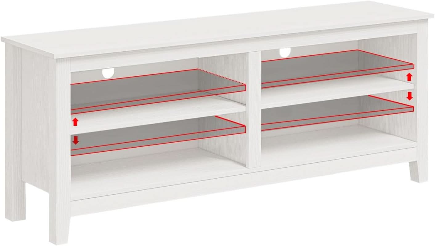 65 Inch TV Stand With Open Storage Shelves White Cabinet