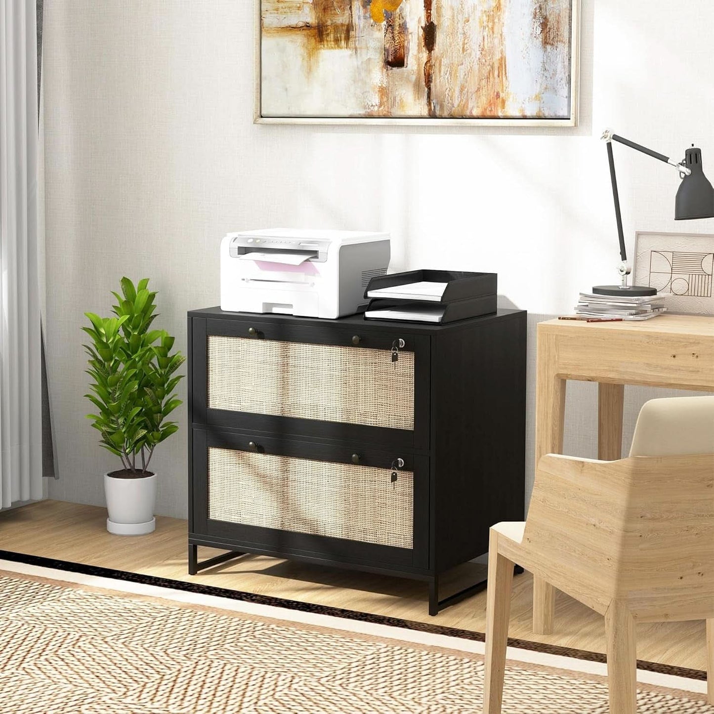 Rattan Drawer File Cabinet With Lock For Letter A4 Legal Files Printer Stand Black