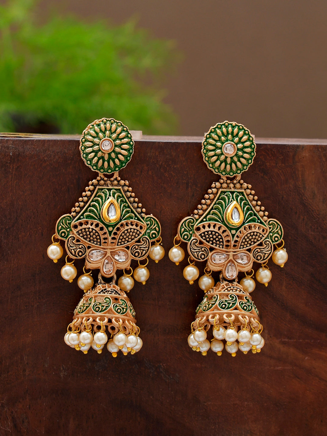 Shoshaa Green & Gold-Toned Contemporary Jhumkas Earrings