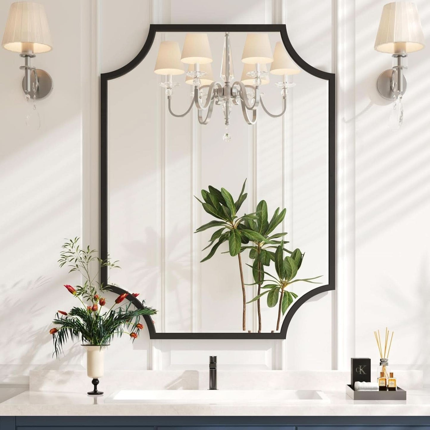30x40 Black Bathroom Mirror With Gold Scalloped Frame