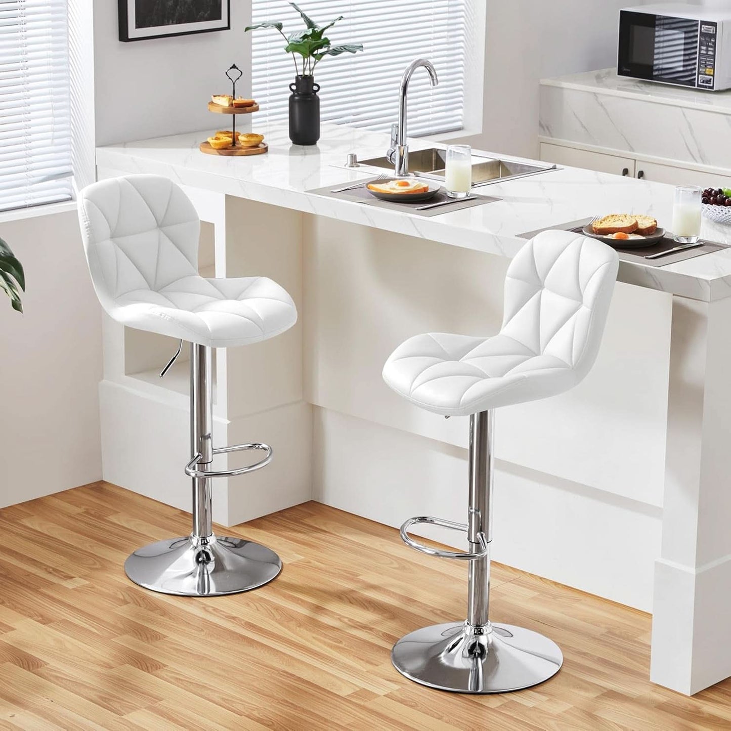 Pair Of White PU Leather Height Adjustable Bar Stools