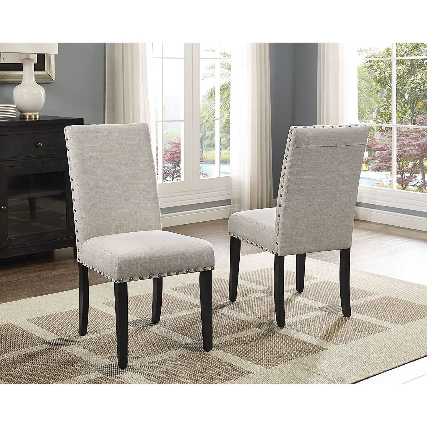 Tan Fabric Nailhead Dining Set 5 Piece Round Table