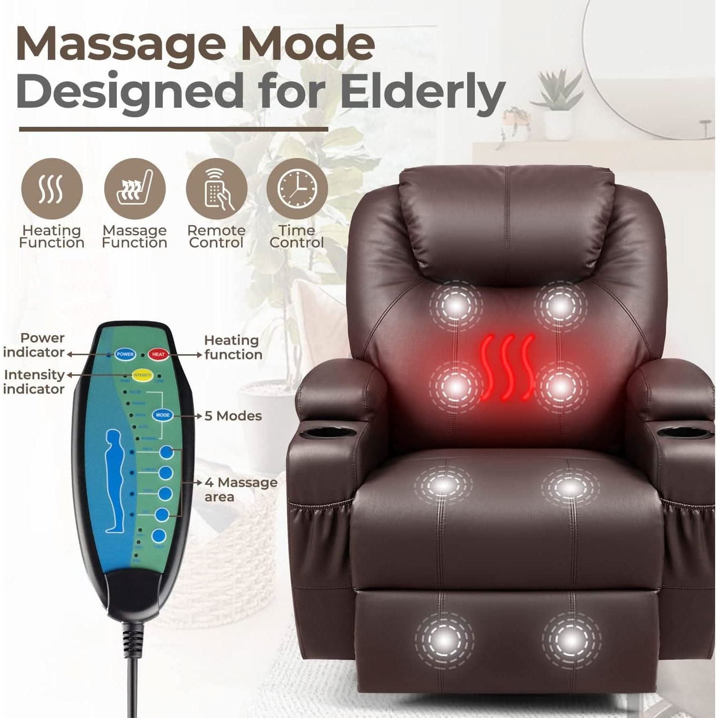 PU Leather Recliner Chair With Massage And Heat Brown