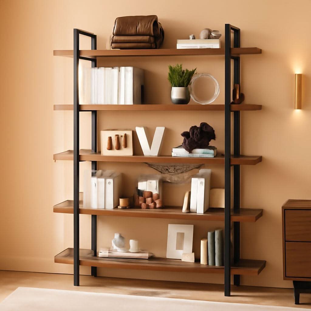 Brown 47 Inch Wide Industrial Bookcase Open Shelves