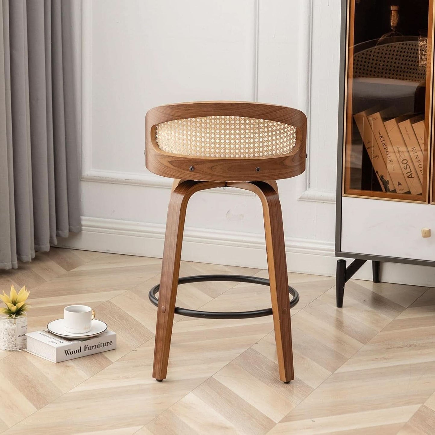 Set Of Two 25 Inch Beige Rattan Swivel Counter Stools With Linen Upholstery Mid Century Modern