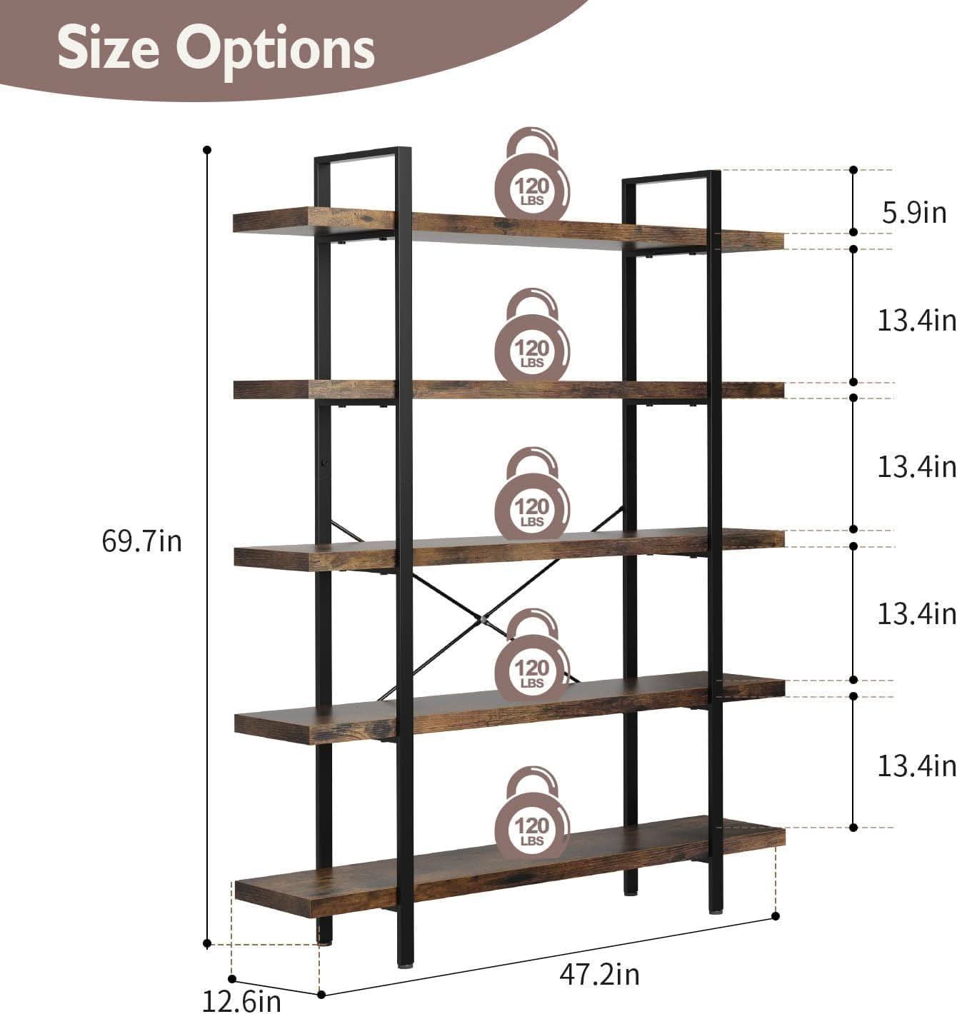 Brown 47 Inch Wide Industrial Bookcase Open Shelves