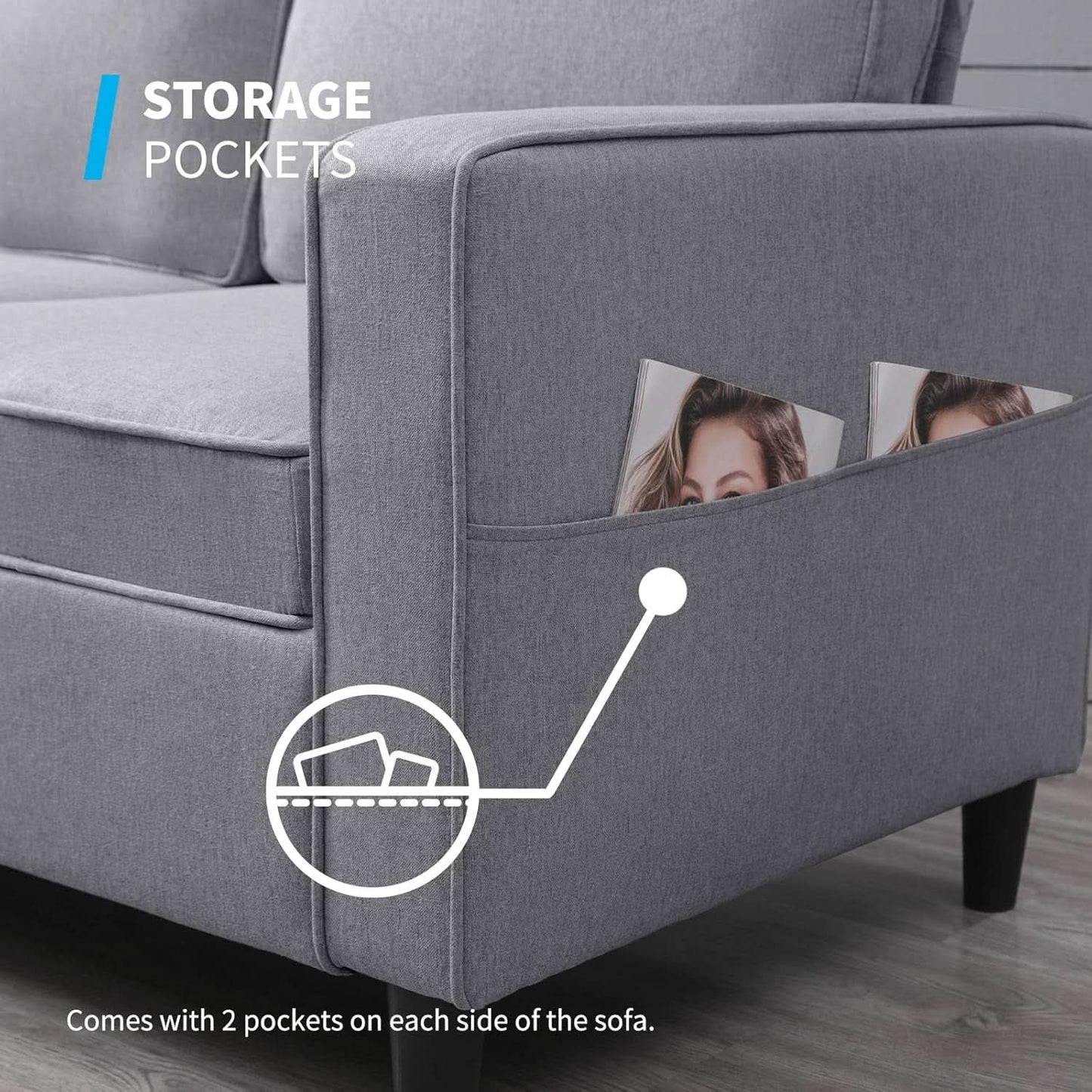 Light Grey Convertible Sofa Set With Storage Ottoman