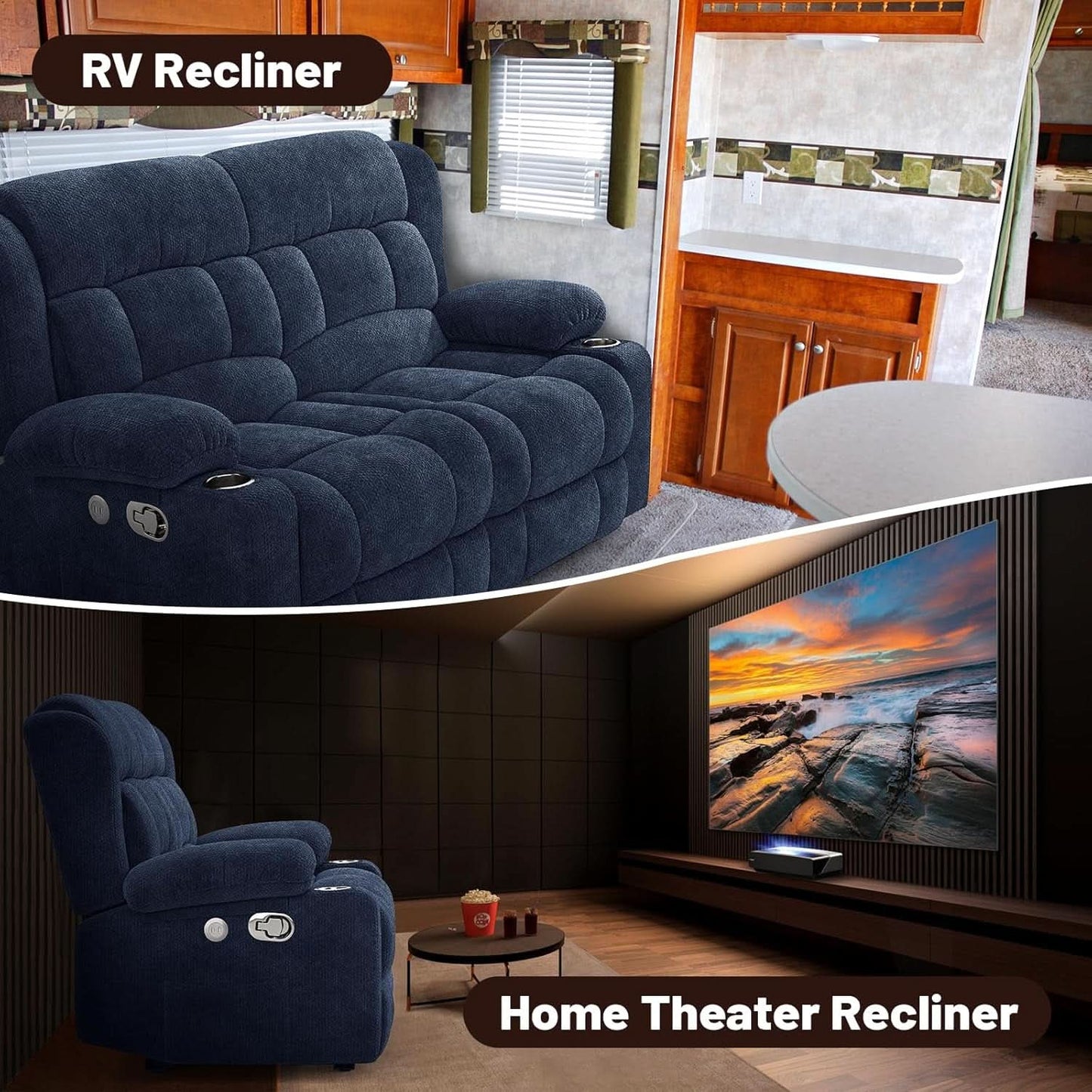 Blue Fabric Reclining Loveseat With USB Ports For Living Room