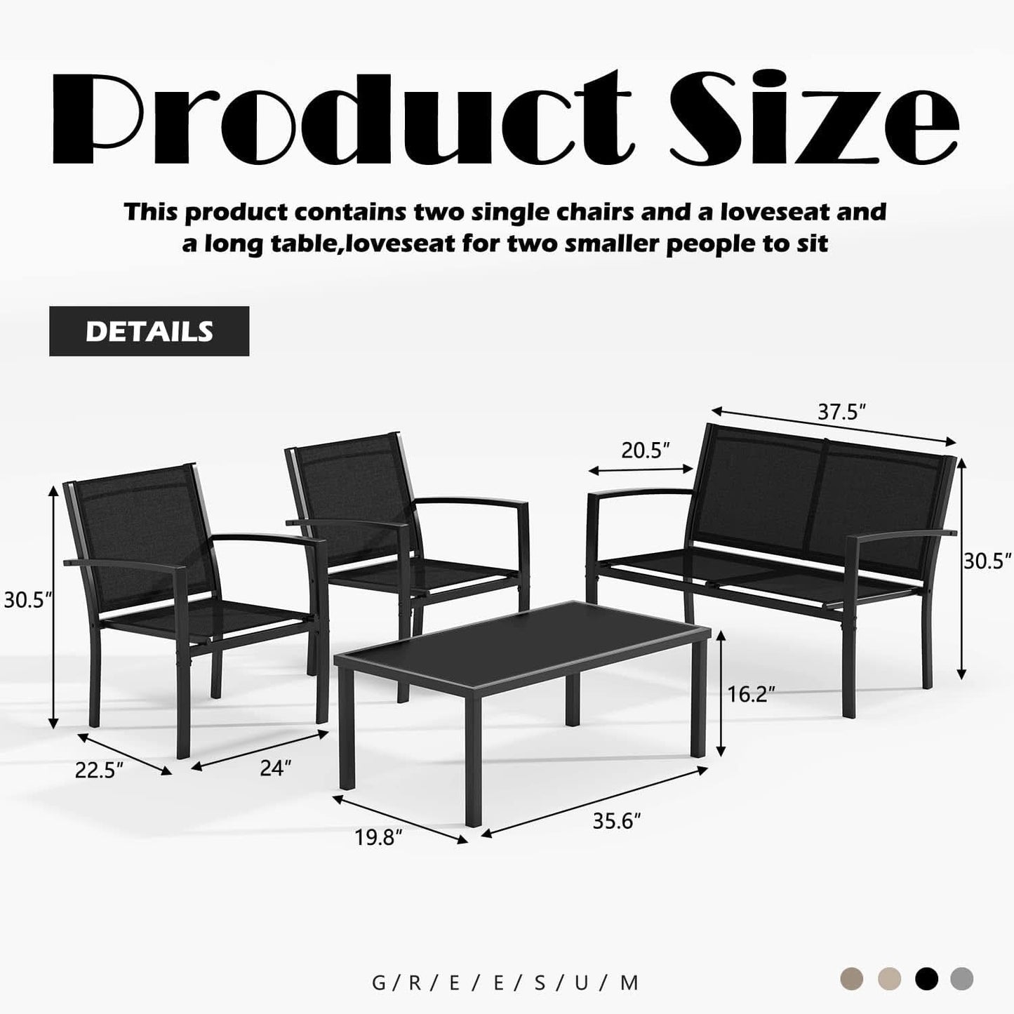 4 Piece Black Patio Furniture Set Outdoor Lounge Chairs