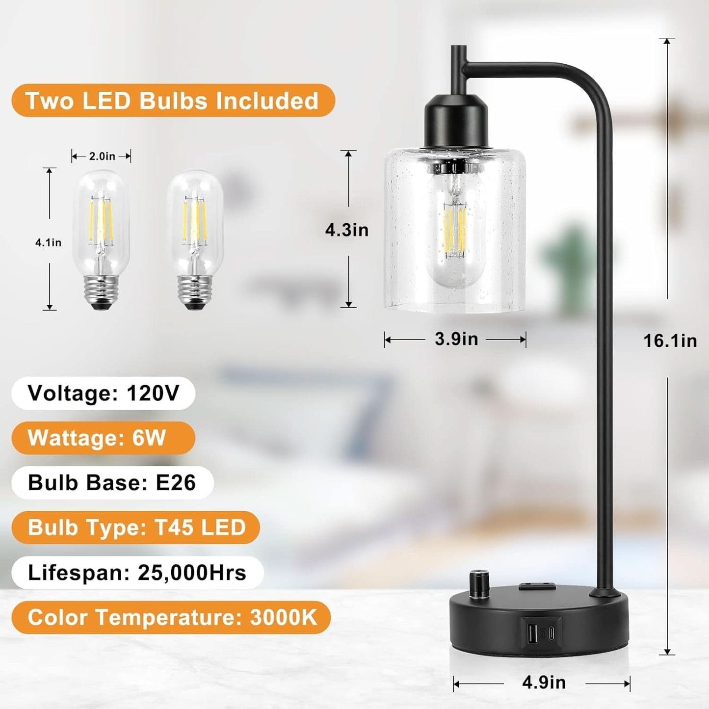 Industrial Table Lamps 2 Pack Black Dimmable USB Ports