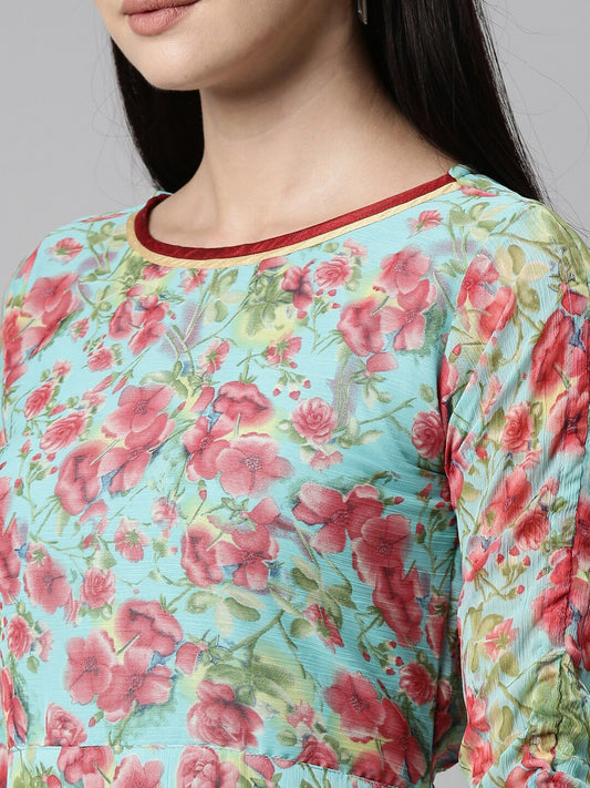 Souchii Turquoise Blue Floral Printed Chiffon A-Line Midi Dress