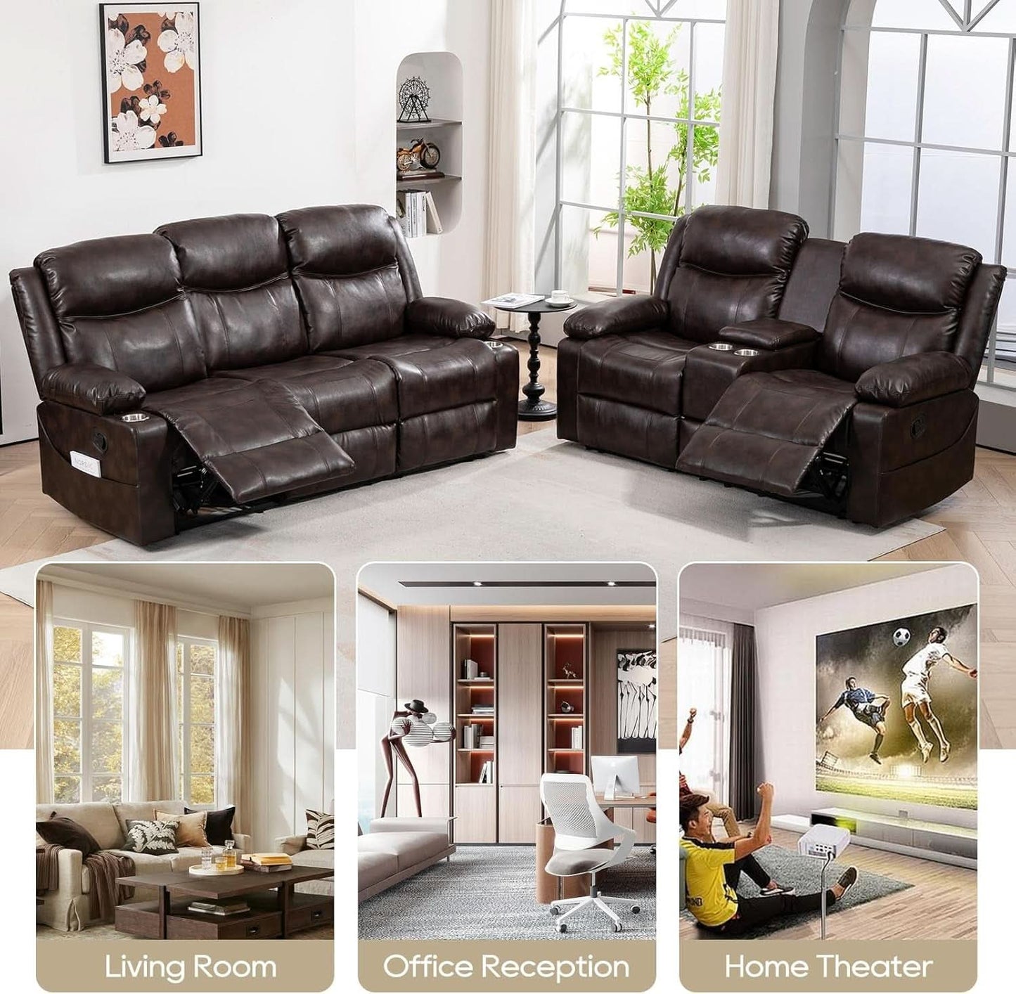 Brown Recliner Sofa Set With Massage And Heat 2 Piece