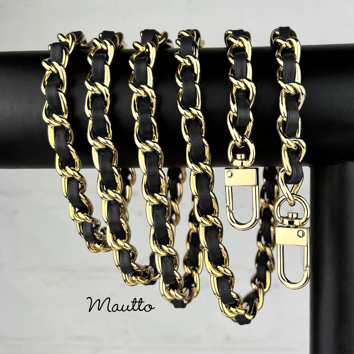 Classic Smooth Curb Chain, Gold-tone Finish with Leather Woven Through - 3/8 inch (9mm) Wide Luxury Strap - Black, Gray & Brown Colors