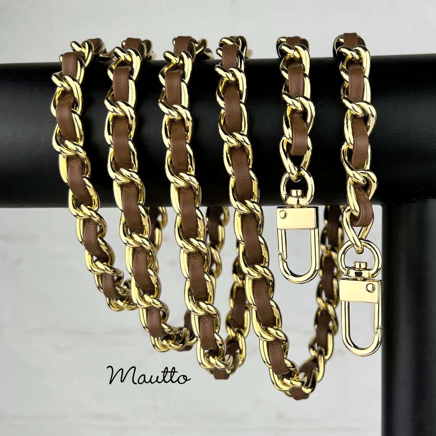 Classic Smooth Curb Chain, Gold-tone Finish with Leather Woven Through - 3/8 inch (9mm) Wide Luxury Strap - Black, Gray & Brown Colors