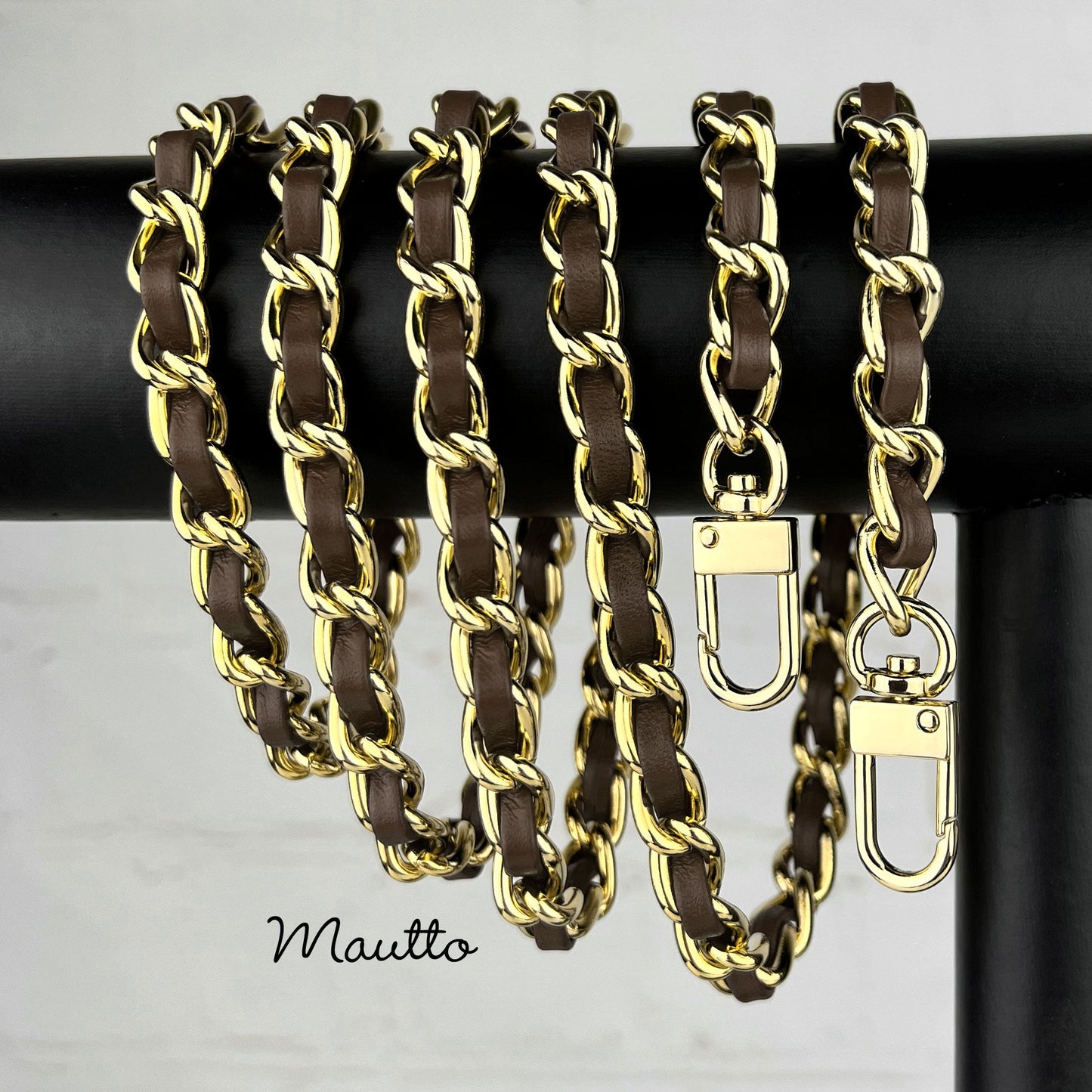 Classic Smooth Curb Chain, Gold-tone Finish with Leather Woven Through - 3/8 inch (9mm) Wide Luxury Strap - Black, Gray & Brown Colors