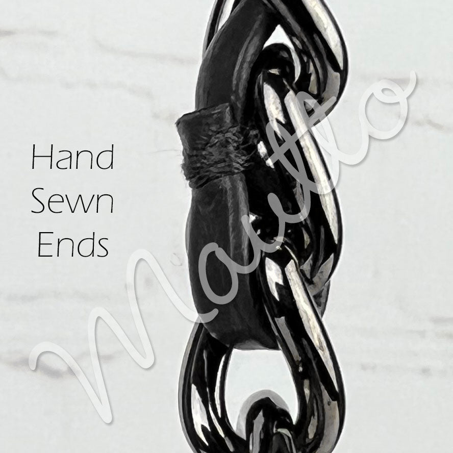Classic Smooth Curb Chain, Gunmetal Finish with Leather Woven Through - 3/8 inch (9mm) Wide Luxury Strap - Black, Gray & Brown Colors