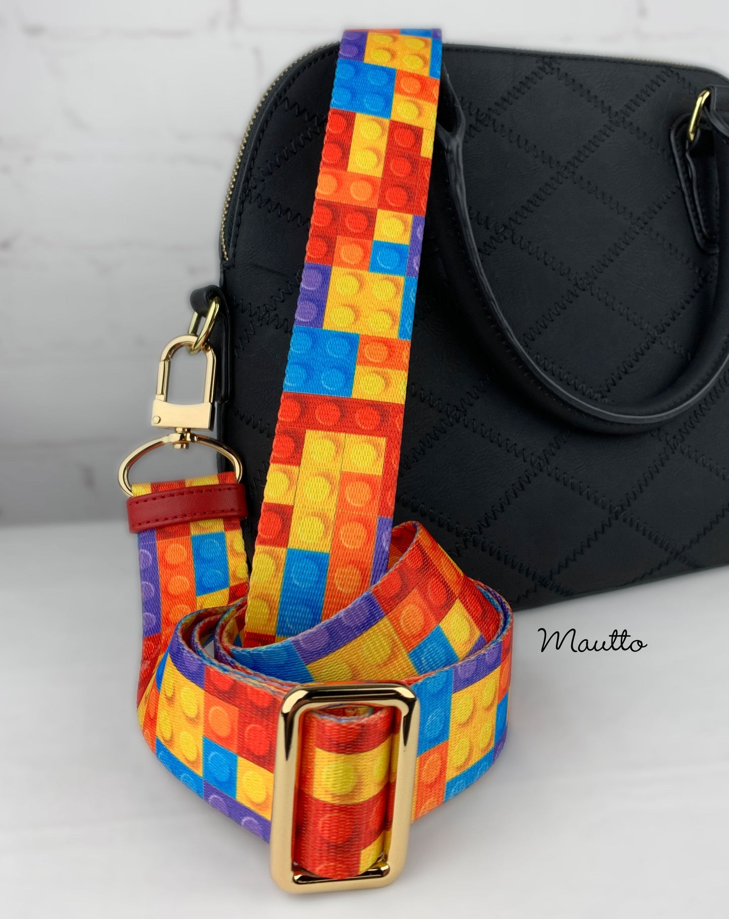 Building Blocks / Bricks Pattern Strap - 1.5" Wide Nylon - Adjustable Shoulder to Crossbody Length - Choose Connector Style & Finish