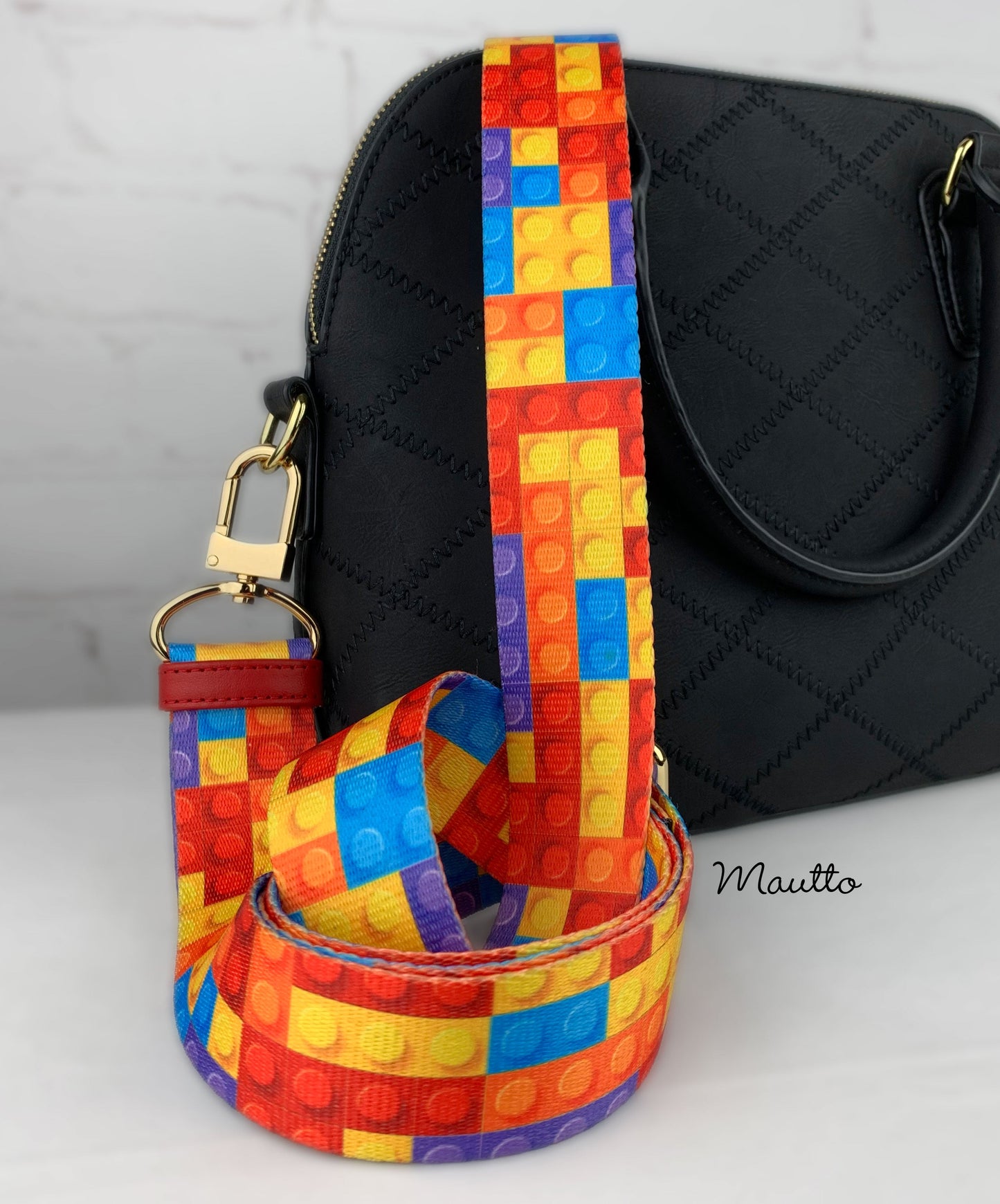 Building Blocks / Bricks Pattern Strap - 1.5" Wide Nylon - Adjustable Shoulder to Crossbody Length - Choose Connector Style & Finish