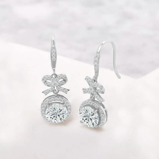 Crystal Bow and Halo Drop Earrings in 18K White Gold