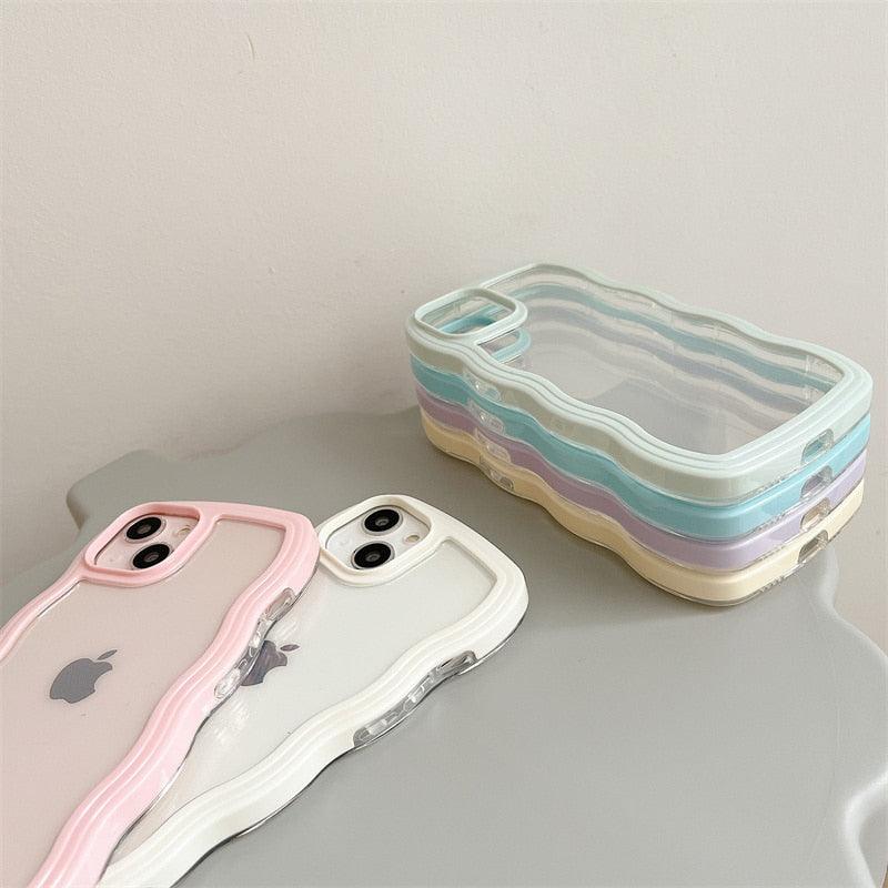 Cute Transparent Curly Wave Phone Case For iPhone 14Pro 13 12 11 Pro Max X XR XS Max Candy Color Shockproof Clear Hard  Cover Shockproof Popular Wavy Stylish Phone Case