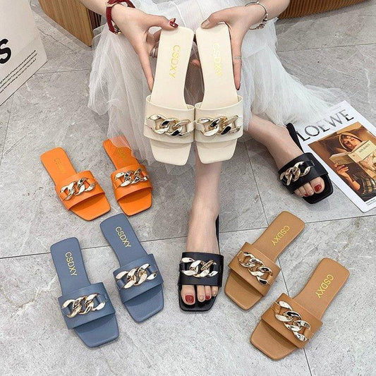 Cute Women Summer Slipper Square Toe Chain Slippers Slip On Flat Slide Sandals Beach Flip Flops Casual Shoe Sandals With Square Open Toe Slip On Comfy Slides Sandals Casual Shoes Summer Low Heeled