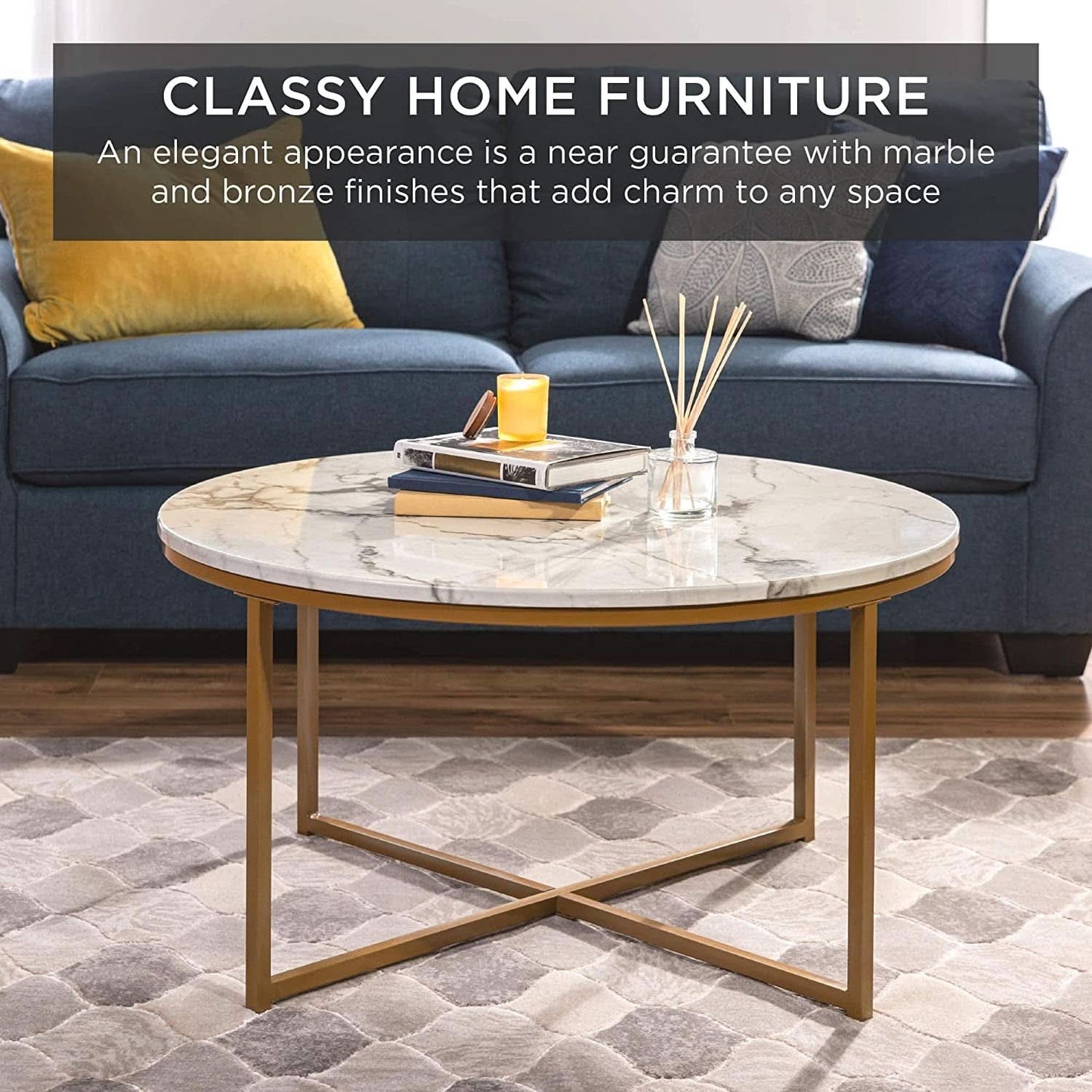 Round Coffee Table With Faux Marble Top Cross Leg Design