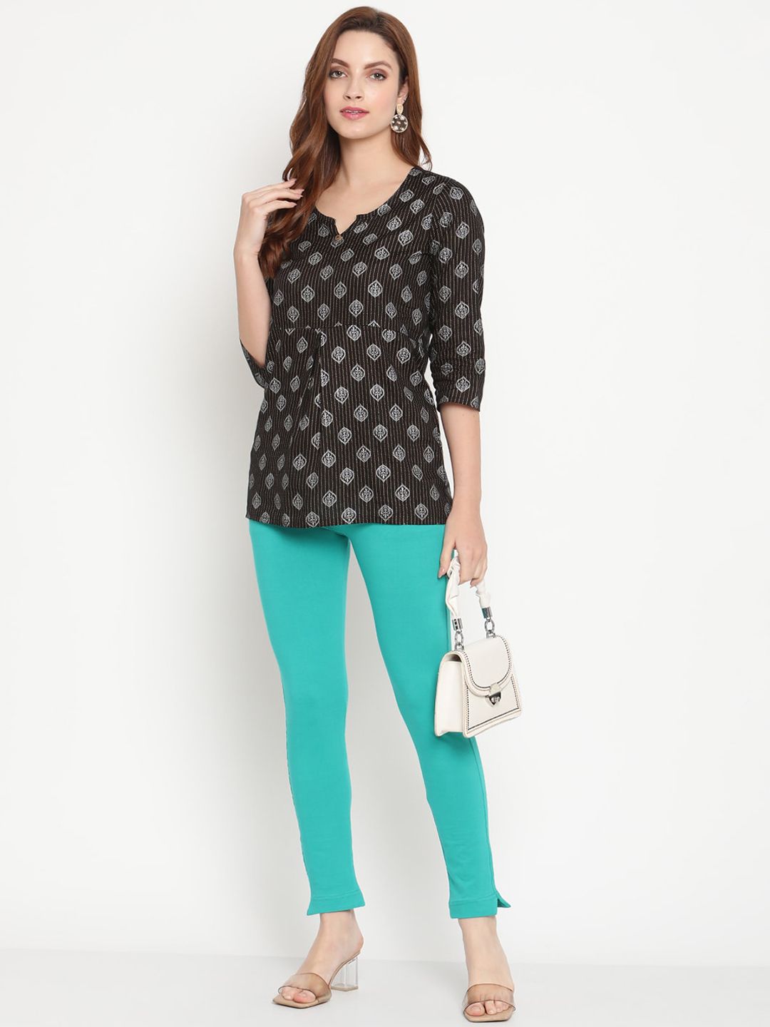 TAG 7 Women Turquoise Blue & Beige Ankle-Length Leggings Pack of 2