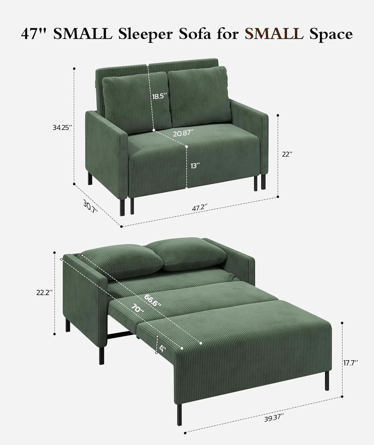 Forest Green Corduroy Convertible Sofa 47Inch Sleeper