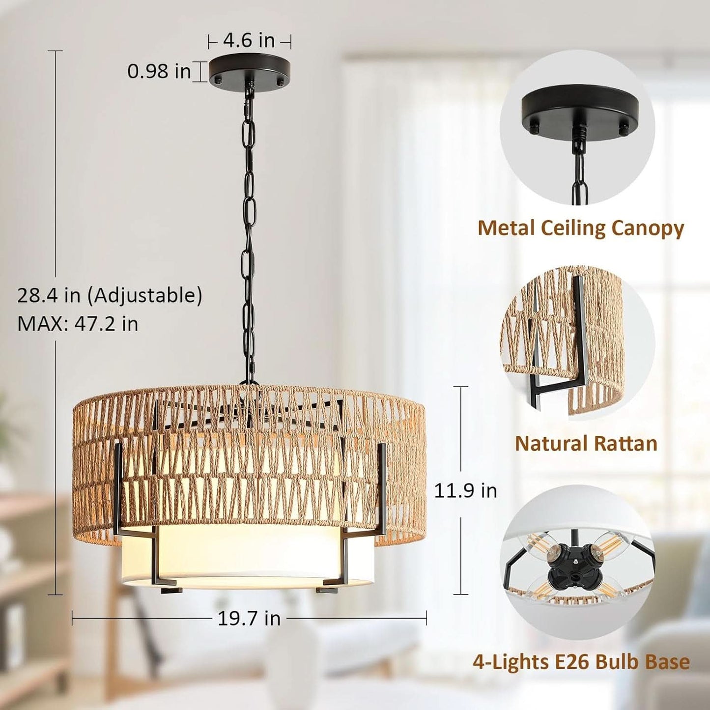 Boho Rattan Chandelier Pendant Light Natural Finish