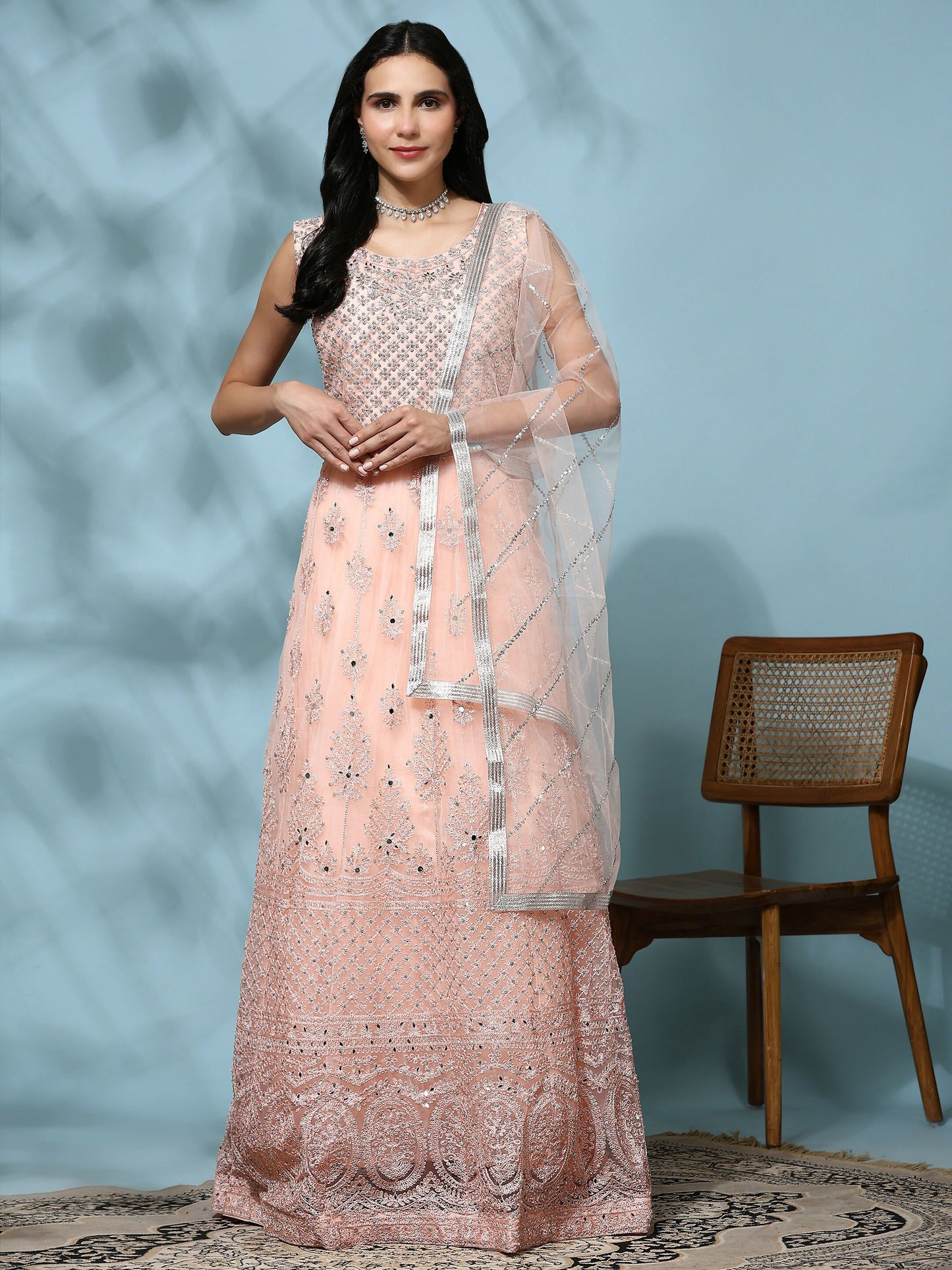 Peach Net Hand Embroidered Gown - Rudrani