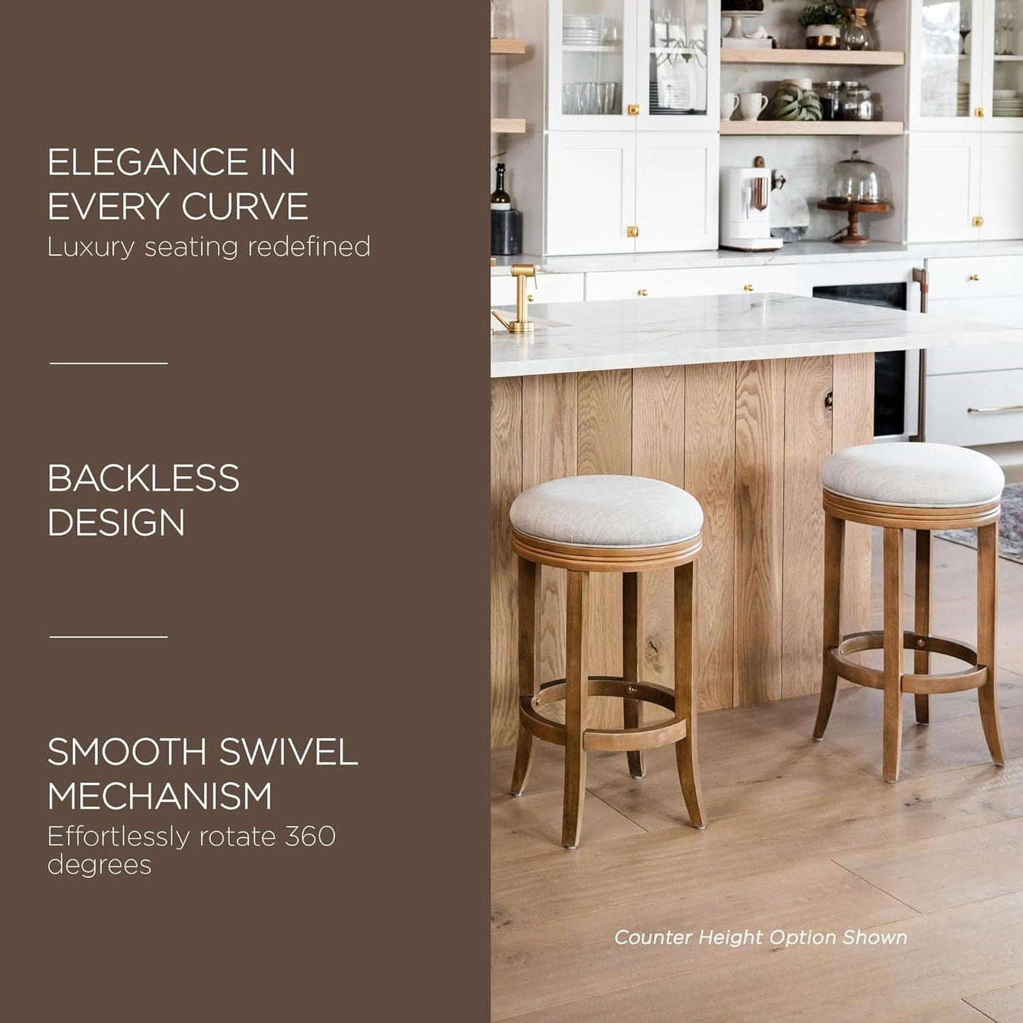 Eva 31 Inch Bar Height Backless Swivel Bar Stool Weathered Oak Sand Fabric
