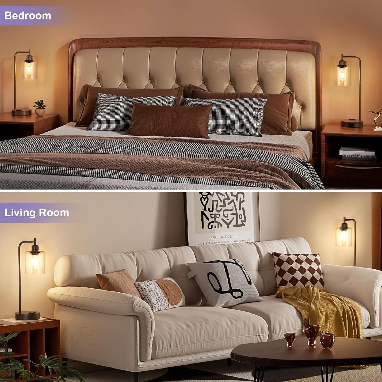Brown Table Lamps 3-Way Dimmable With USB Ports Set Of 2