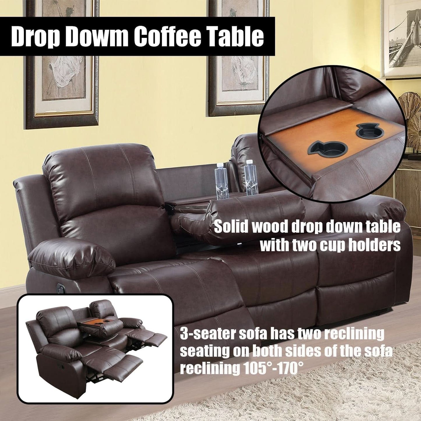 Brown Faux Leather Reclining Living Room Set Sofa Loveseat Chair