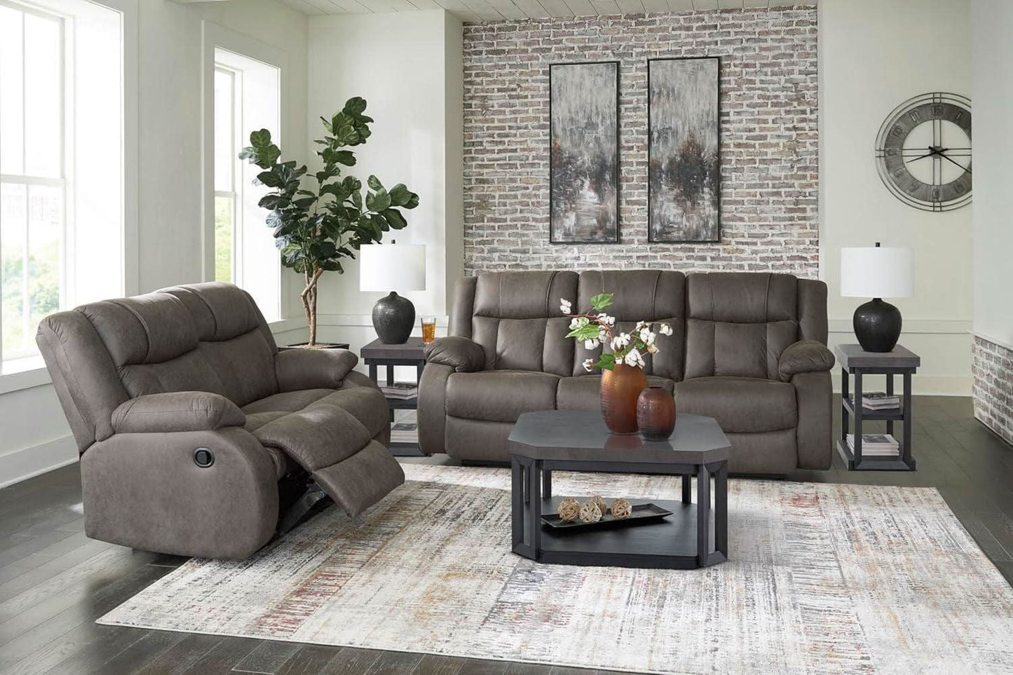 Contemporary Gray Faux Leather Manual Reclining Sofa