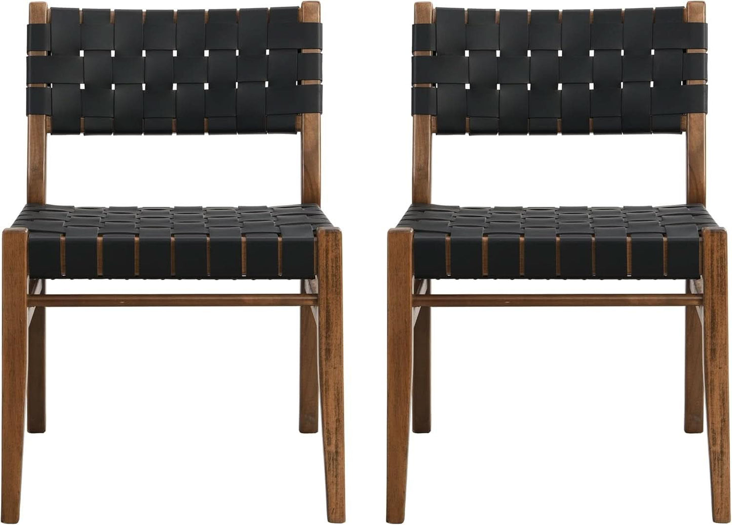 Set Of 2 Armless Dining Chairs With Rope Weave PU Leather Walnut Black