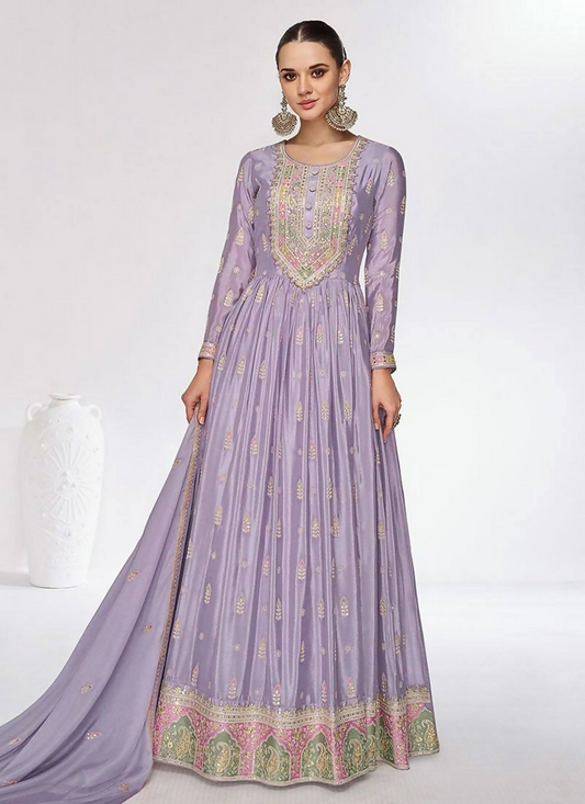 Lorenvalley Fashion Lavender Chinon Embroidery With Sequince Work Gown Stitched