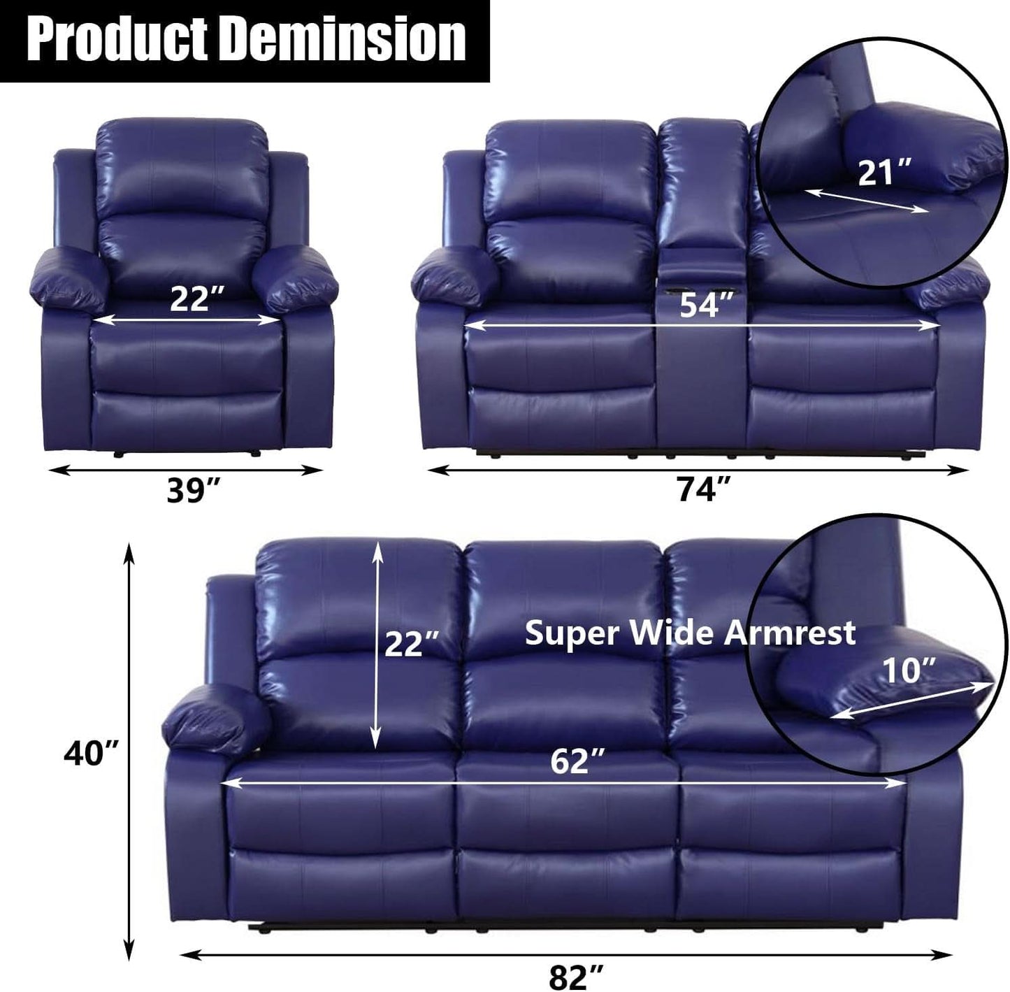 Blue Leather Reclining Sofa Set With Drop Table And Storage