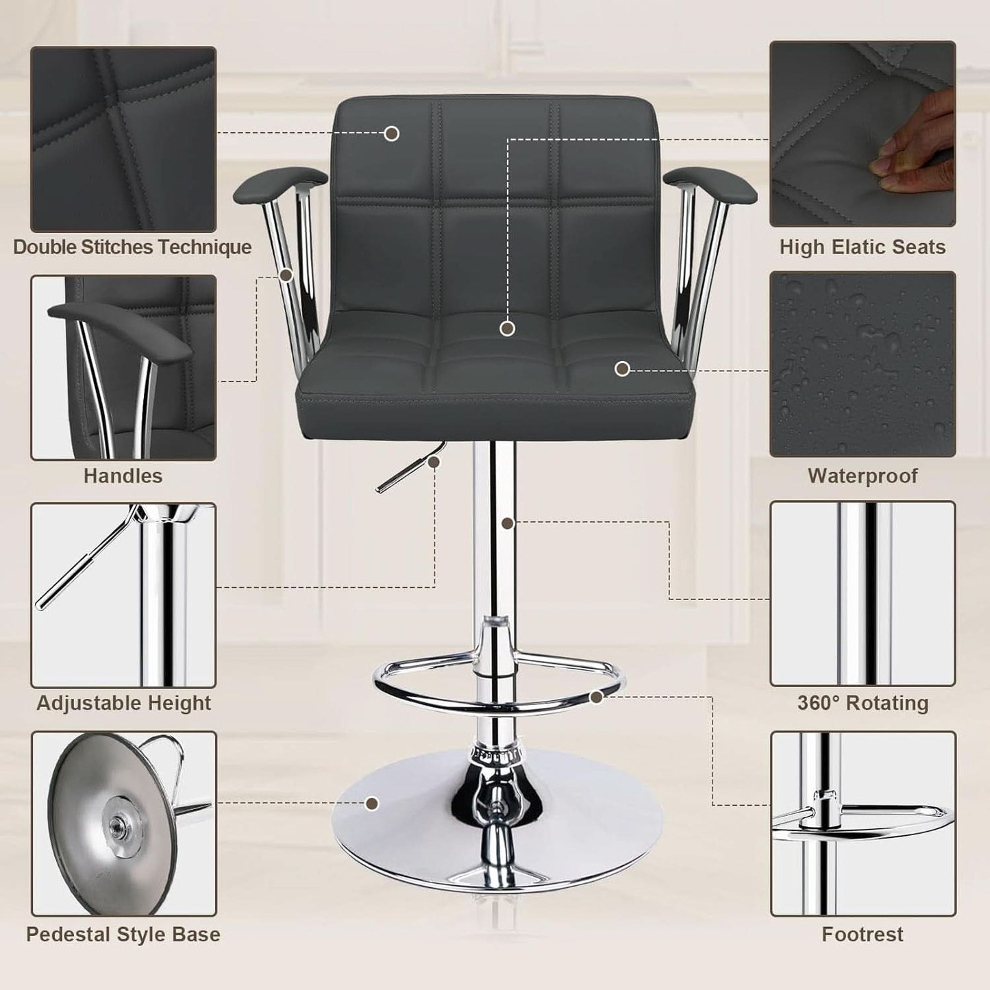Two Adjustable Swivel Bar Stools With Back Grey PU Leather